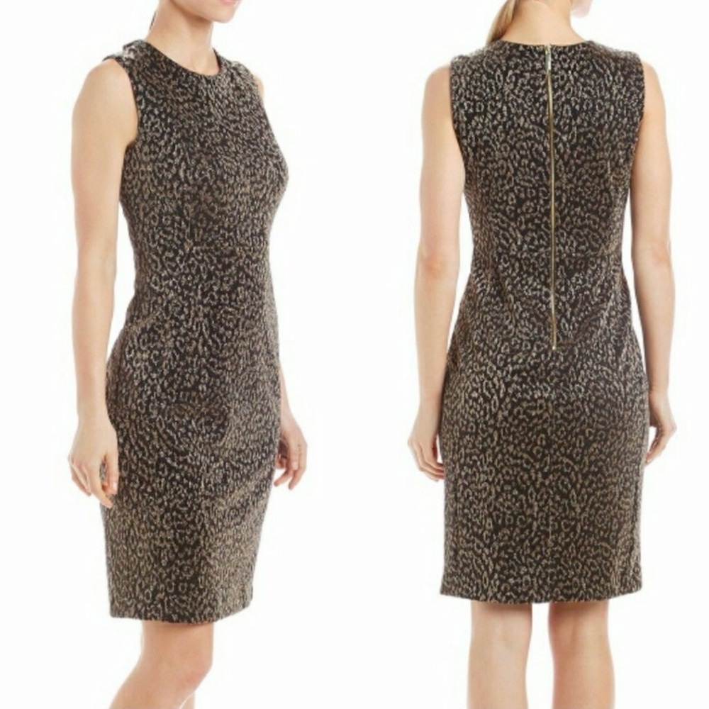 Calvin Klein Metallic Leopard Print Sheath Dress Womens Size 6 Office Career